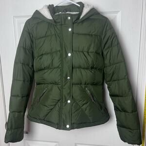 Hollister Company Hooded Sherpa Lined Puffer Jacket Olive Green Coat Size Small